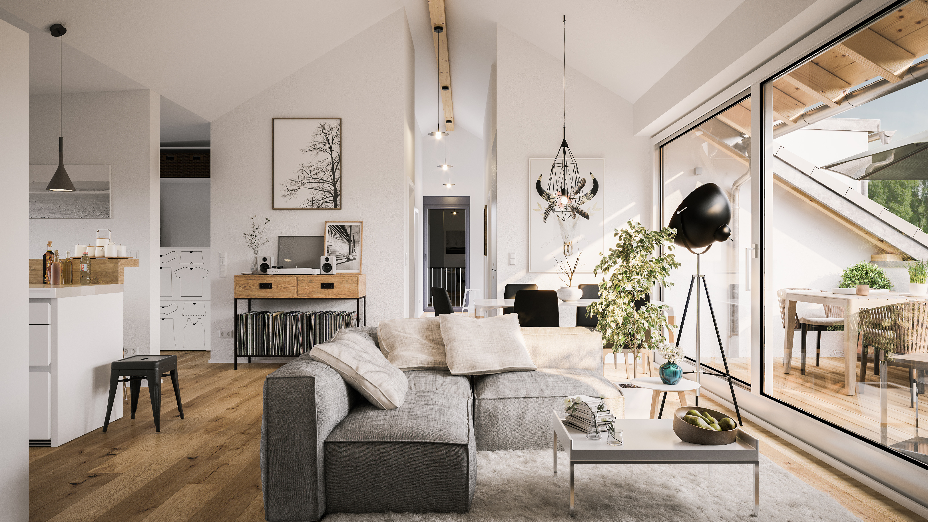 view inside modern luxury attic loft apartment – 3d rendering
